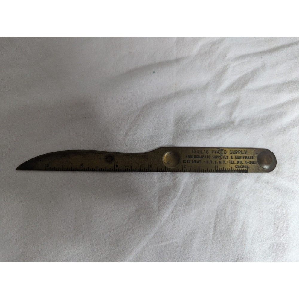 Vintage Tell's Photo Supply NY brass LETTER OPENER / 6" ruler